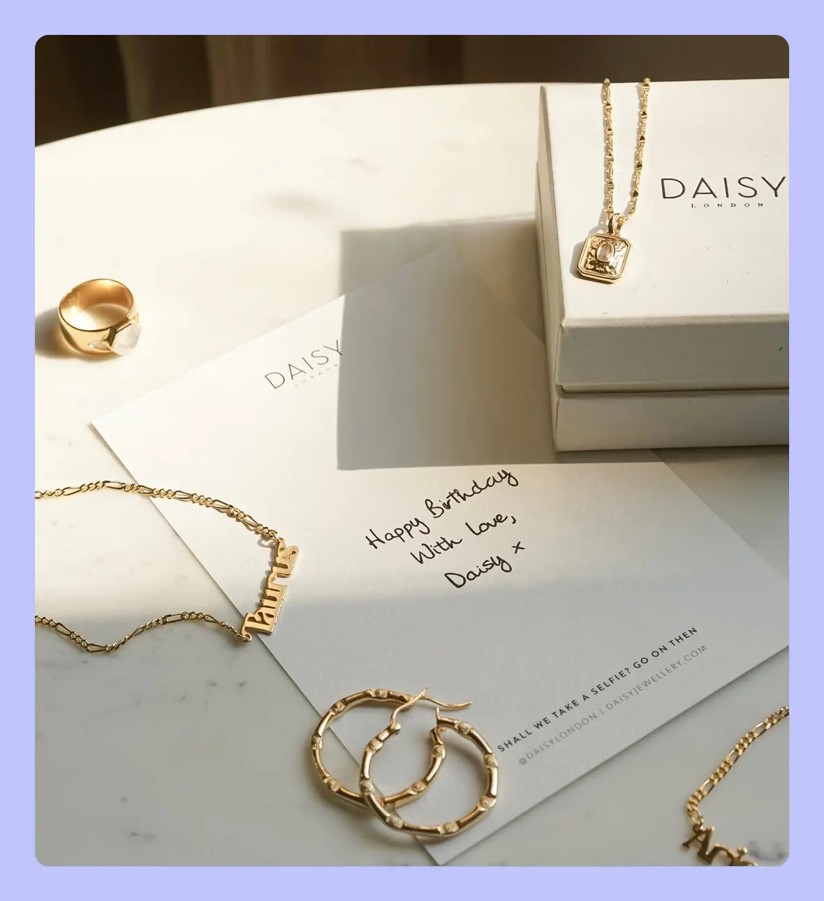 A "handwritten" insert from Daisy London wishing a customer happy birthday