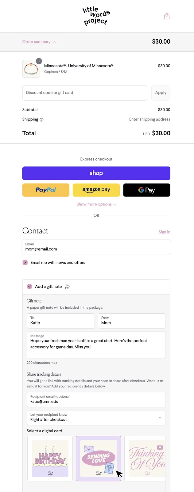 Gift note input in checkout