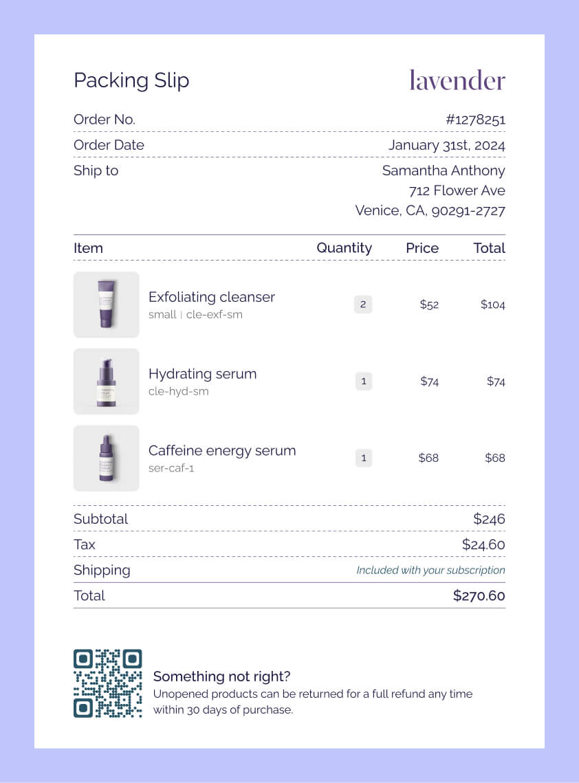 A branded invoice with product images, and a QR code at the bottom of the page to return an item
