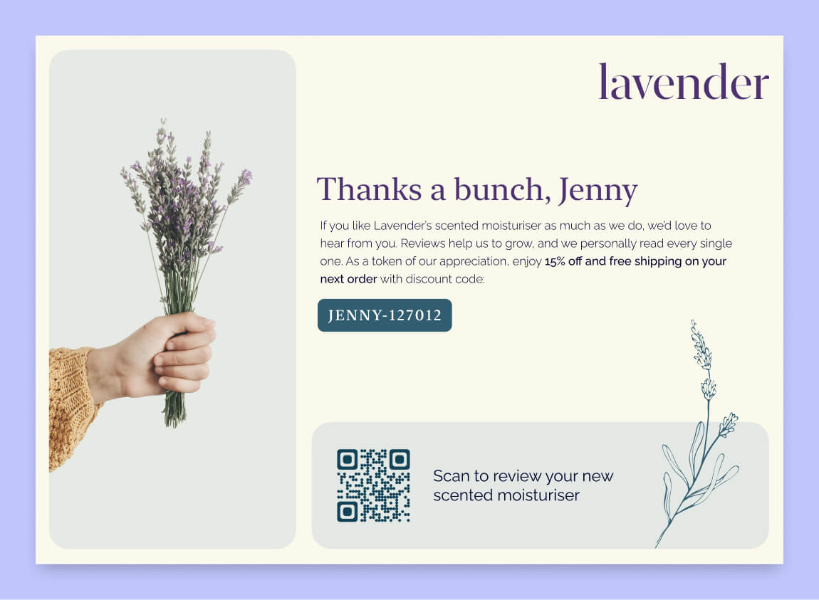 A printed insert asking for a review, and thanking the customer for their business with a discount code